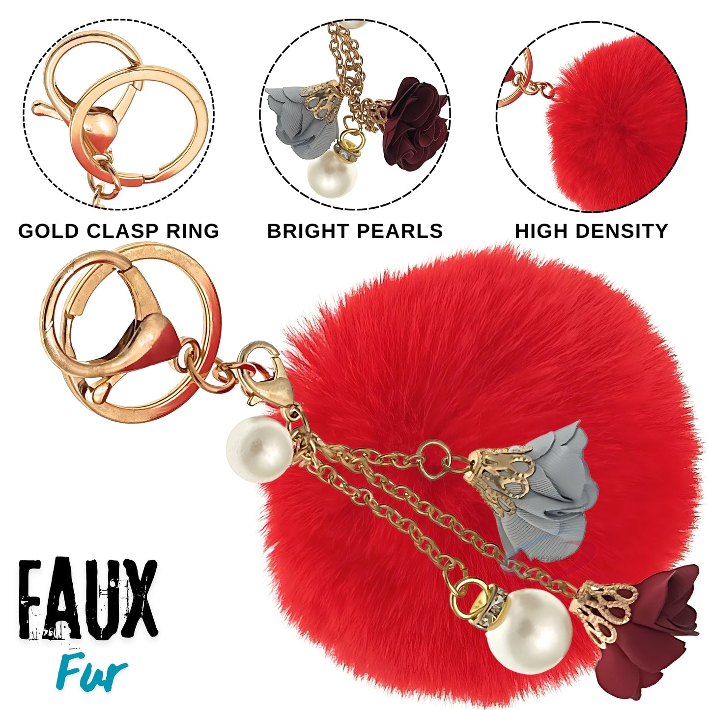 iAccessories Rose Pearl Pom Pom Keychain - Red - iAccessories