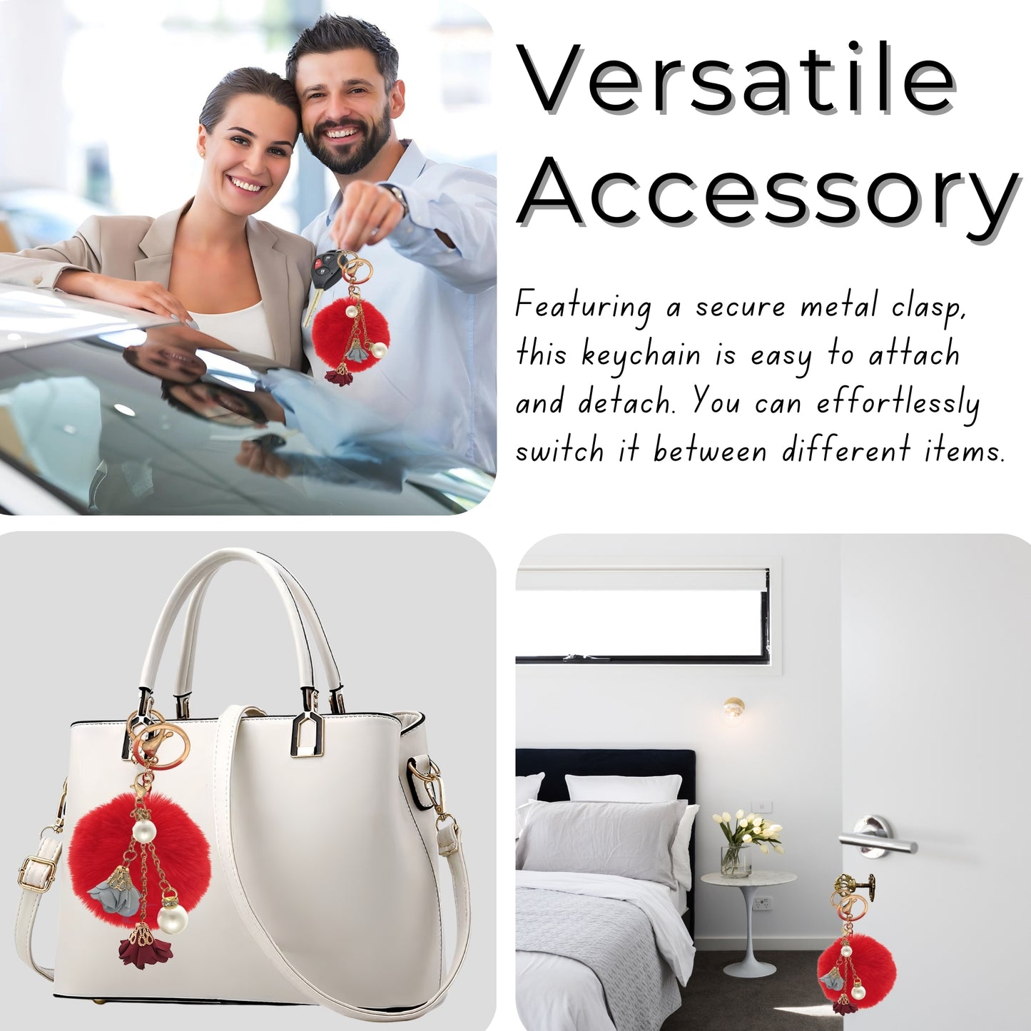 iAccessories Rose Pearl Pom Pom Keychain - Red - iAccessories