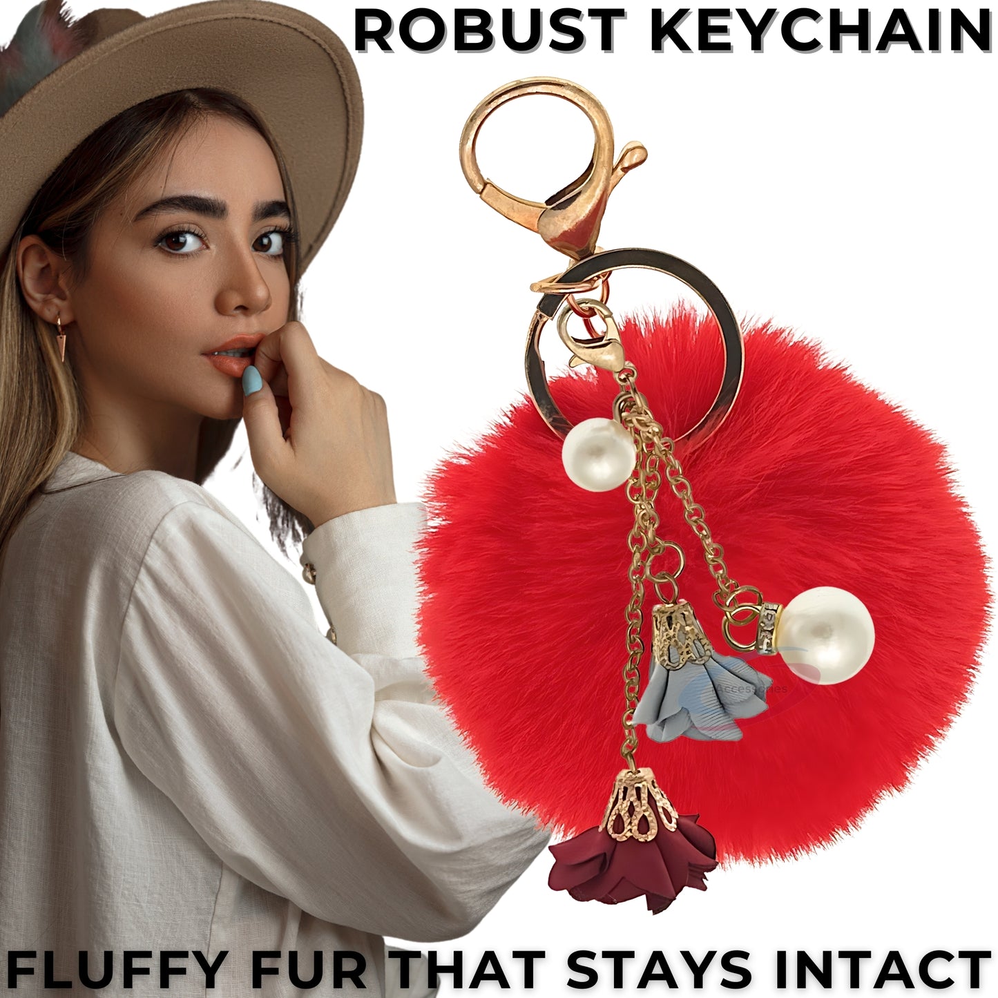 iAccessories Rose Pearl Pom Pom Keychain - Red - iAccessories