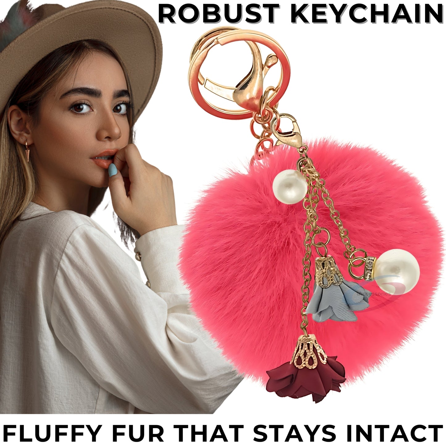 iAccessories Rose Pearl Pom Pom Keychain - Rose - iAccessories