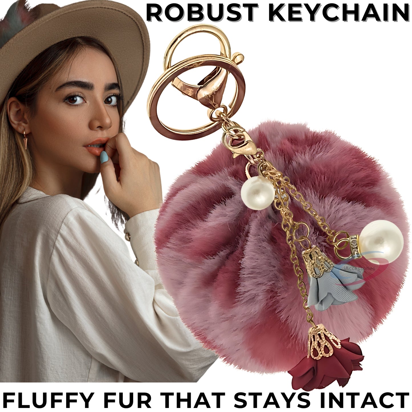 iAccessories Rose Pearl Pom Pom Keychain - Rose lepo - iAccessories