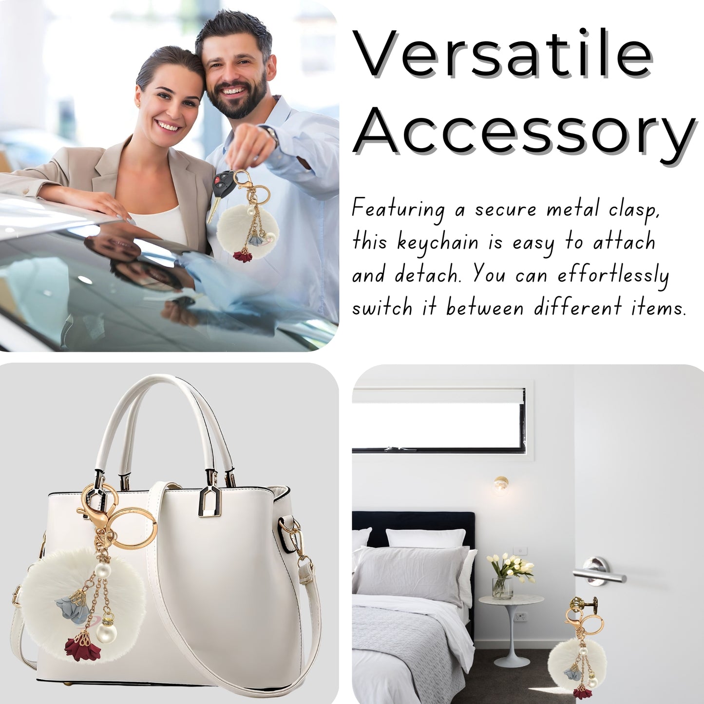 iAccessories Rose Pearl Pom Pom Keychain - White - iAccessories