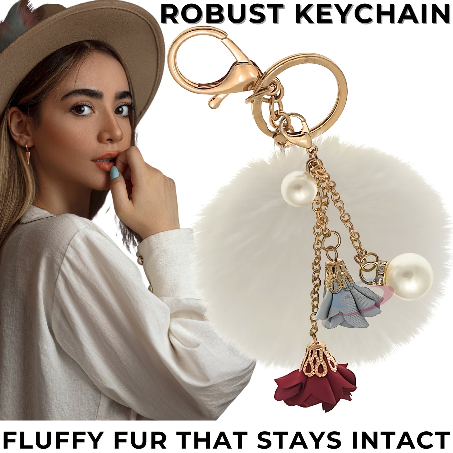 iAccessories Rose Pearl Pom Pom Keychain - White - iAccessories