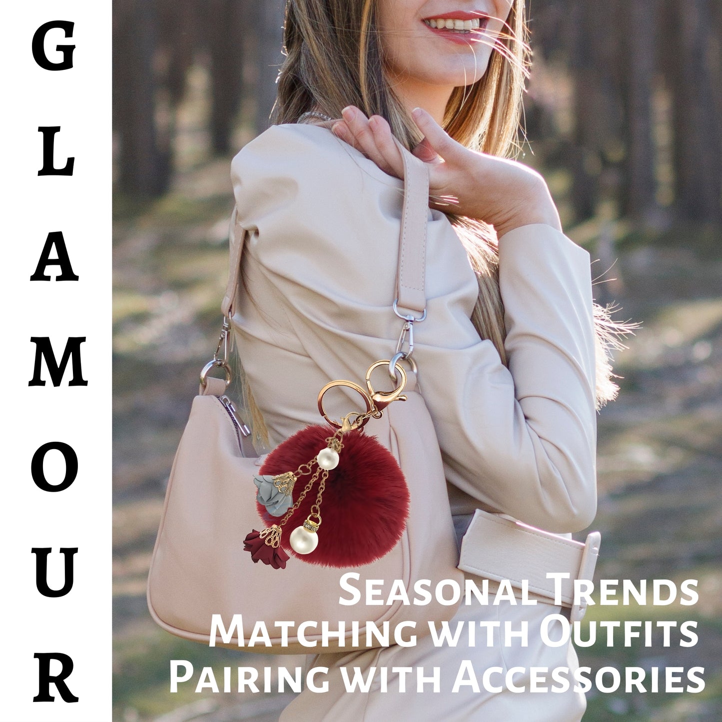 iAccessories Rose Pearl Pom Pom Keychain - Wine Red - iAccessories