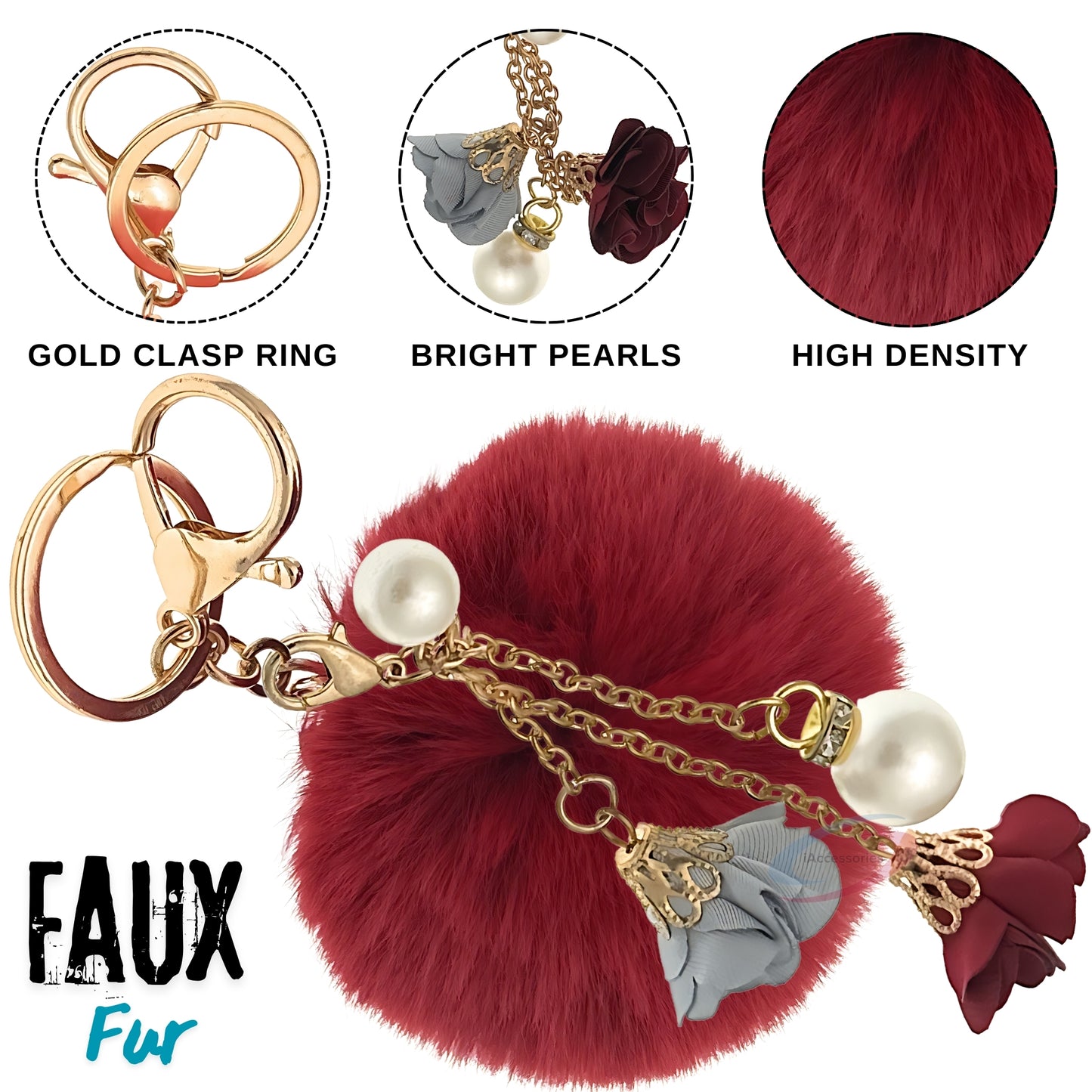 iAccessories Rose Pearl Pom Pom Keychain - Wine Red - iAccessories