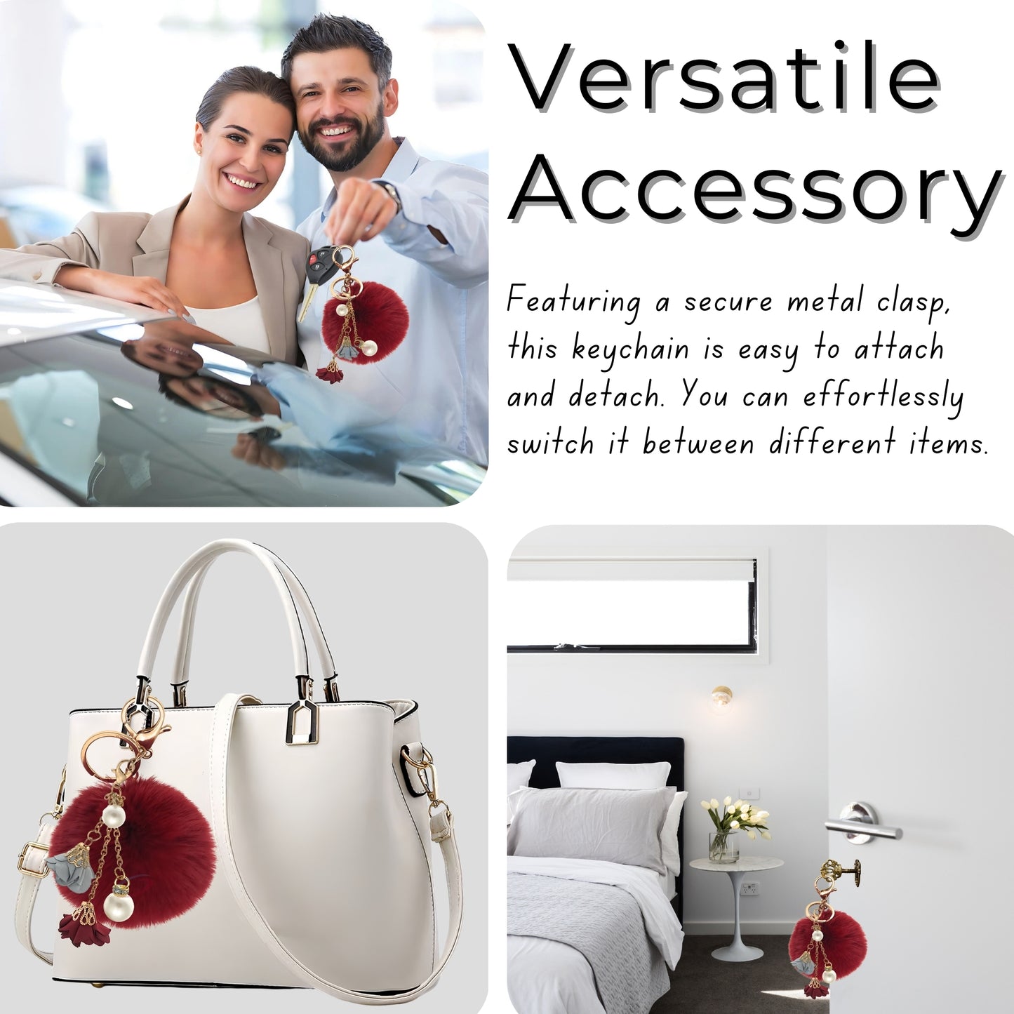 iAccessories Rose Pearl Pom Pom Keychain - Wine Red - iAccessories
