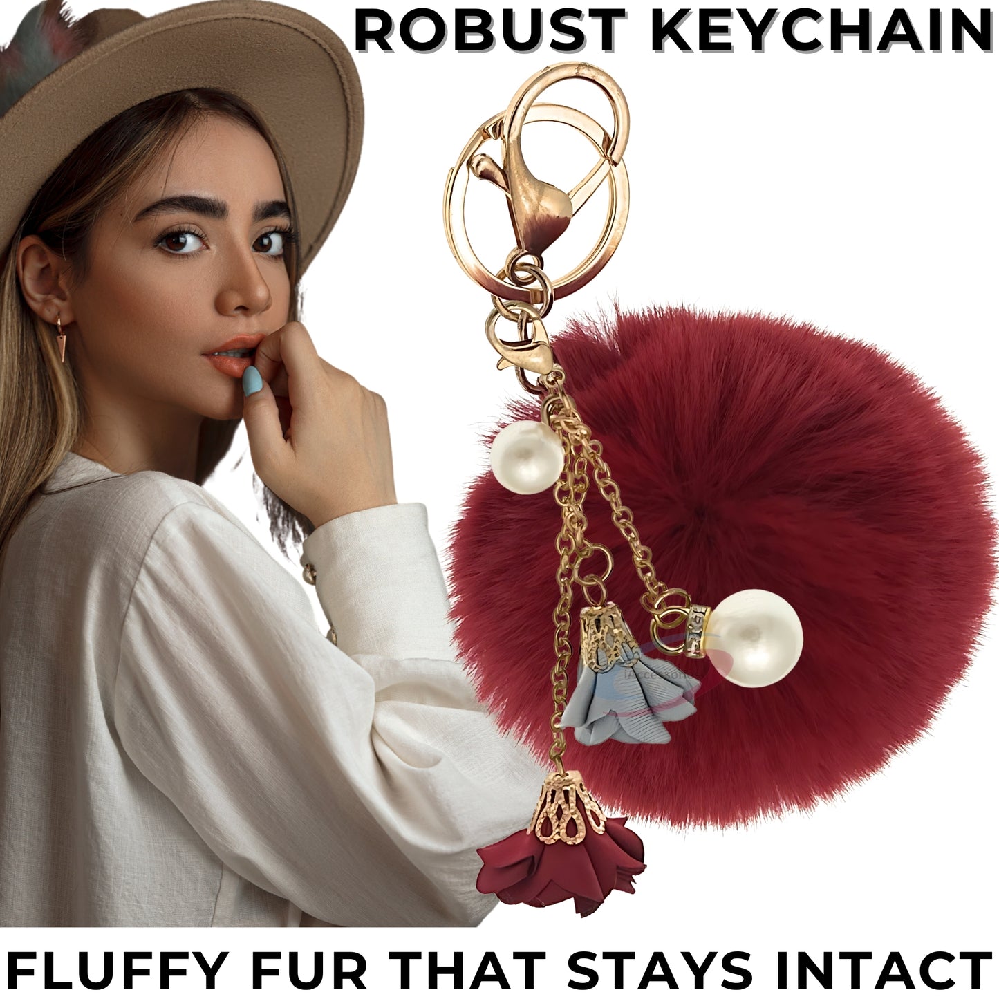 iAccessories Rose Pearl Pom Pom Keychain - Wine Red - iAccessories
