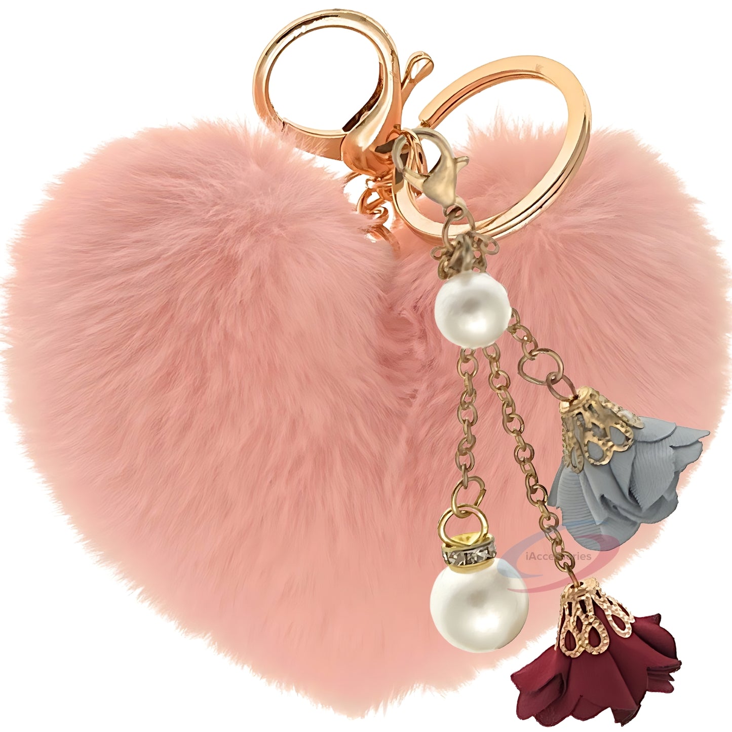 iAccessories Fluffy Faux Fur Pearl Roses Pom Pom Heart Keychain Charm for Girls Bags, Cars, Bikes, Scooty, Home Keys - Baby Pink - iAccessories