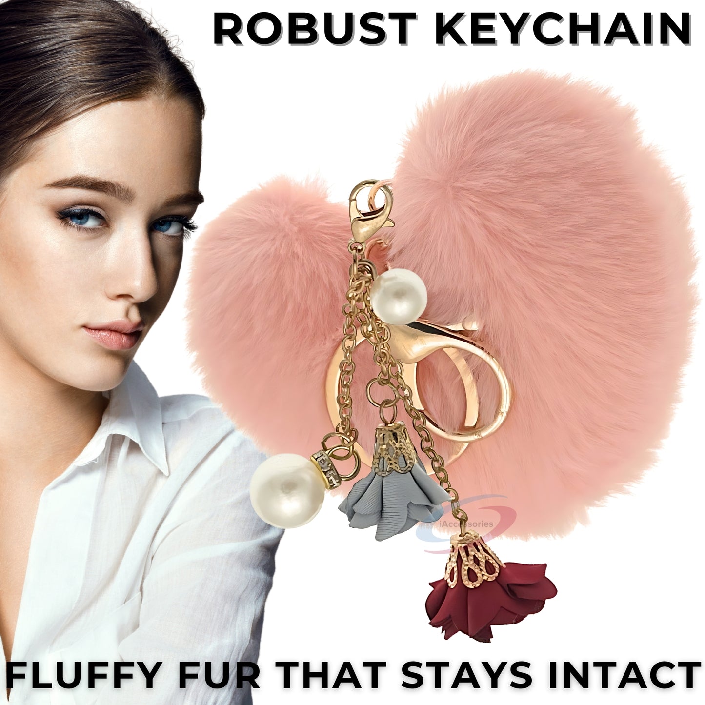 iAccessories Fluffy Faux Fur Pearl Roses Pom Pom Heart Keychain Charm for Girls Bags, Cars, Bikes, Scooty, Home Keys - Baby Pink - iAccessories