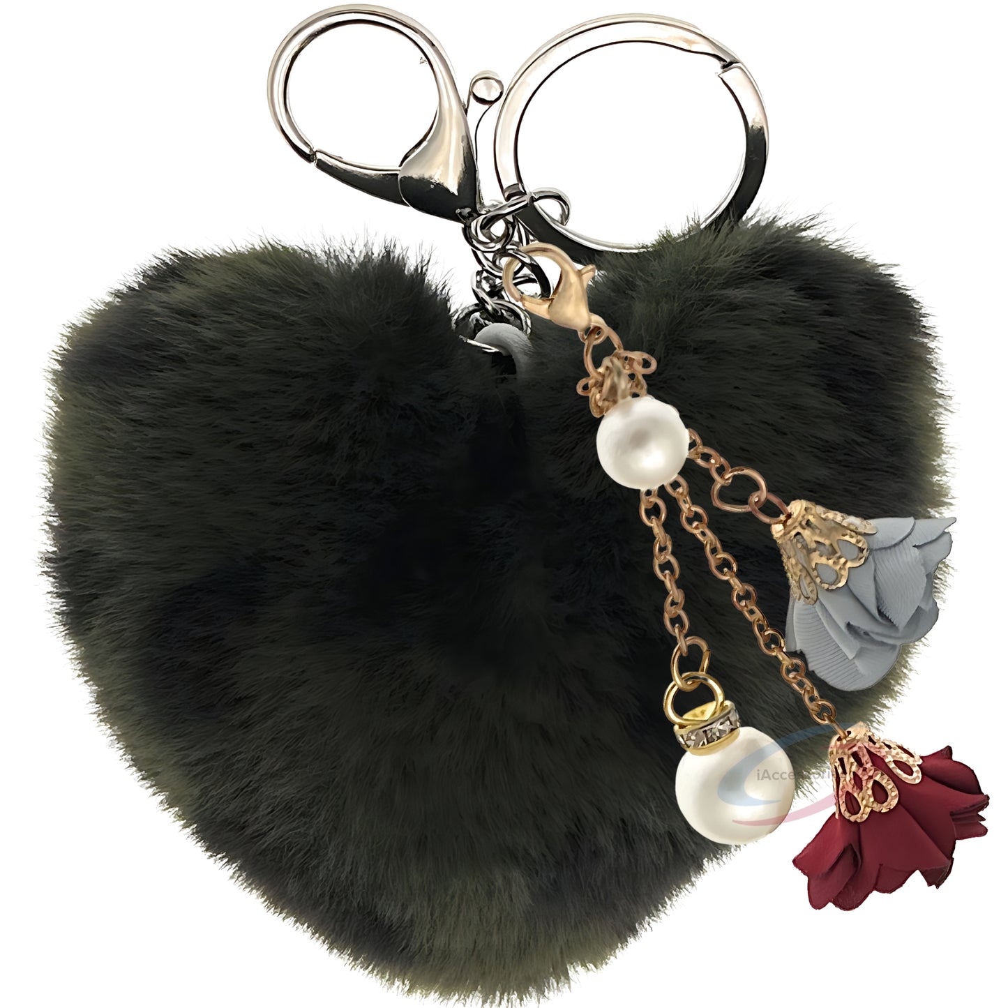 iAccessories Fluffy Faux Fur Pearl Roses Pom Pom Heart Keychain Charm for Girls Bags, Cars, Bikes, Scooty, Home Keys - Dark Green Lepo - iAccessories