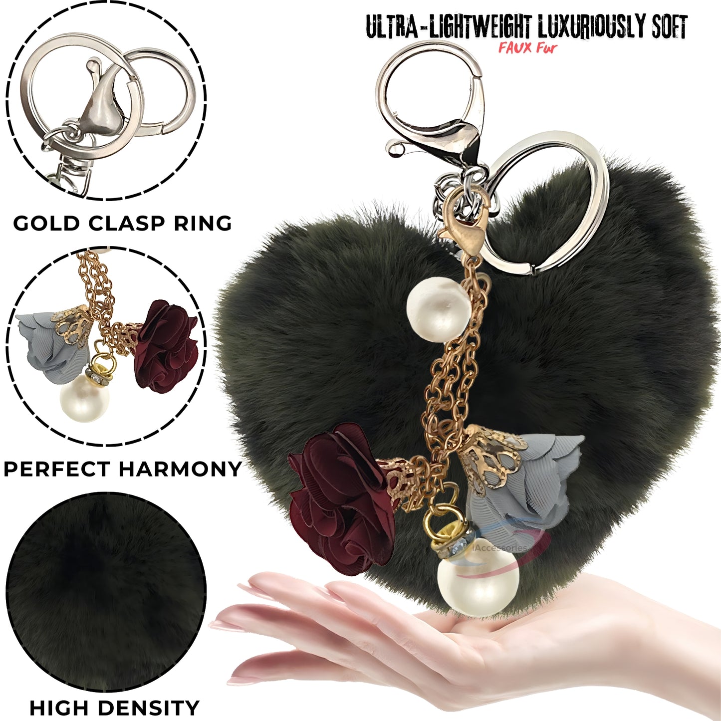 iAccessories Fluffy Faux Fur Pearl Roses Pom Pom Heart Keychain Charm for Girls Bags, Cars, Bikes, Scooty, Home Keys - Dark Green Lepo - iAccessories