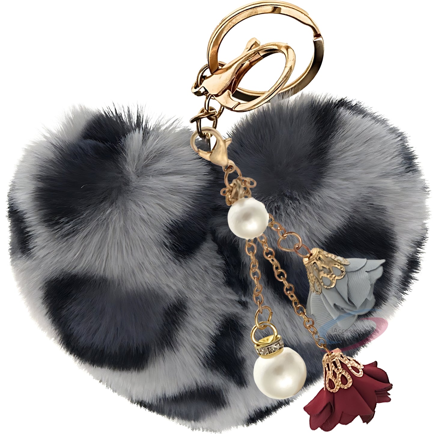 iAccessories Fluffy Faux Fur Pearl Roses Pom Pom Heart Keychain Charm for Girls Bags, Cars, Bikes, Scooty, Home Keys - Grey Lepo - iAccessories
