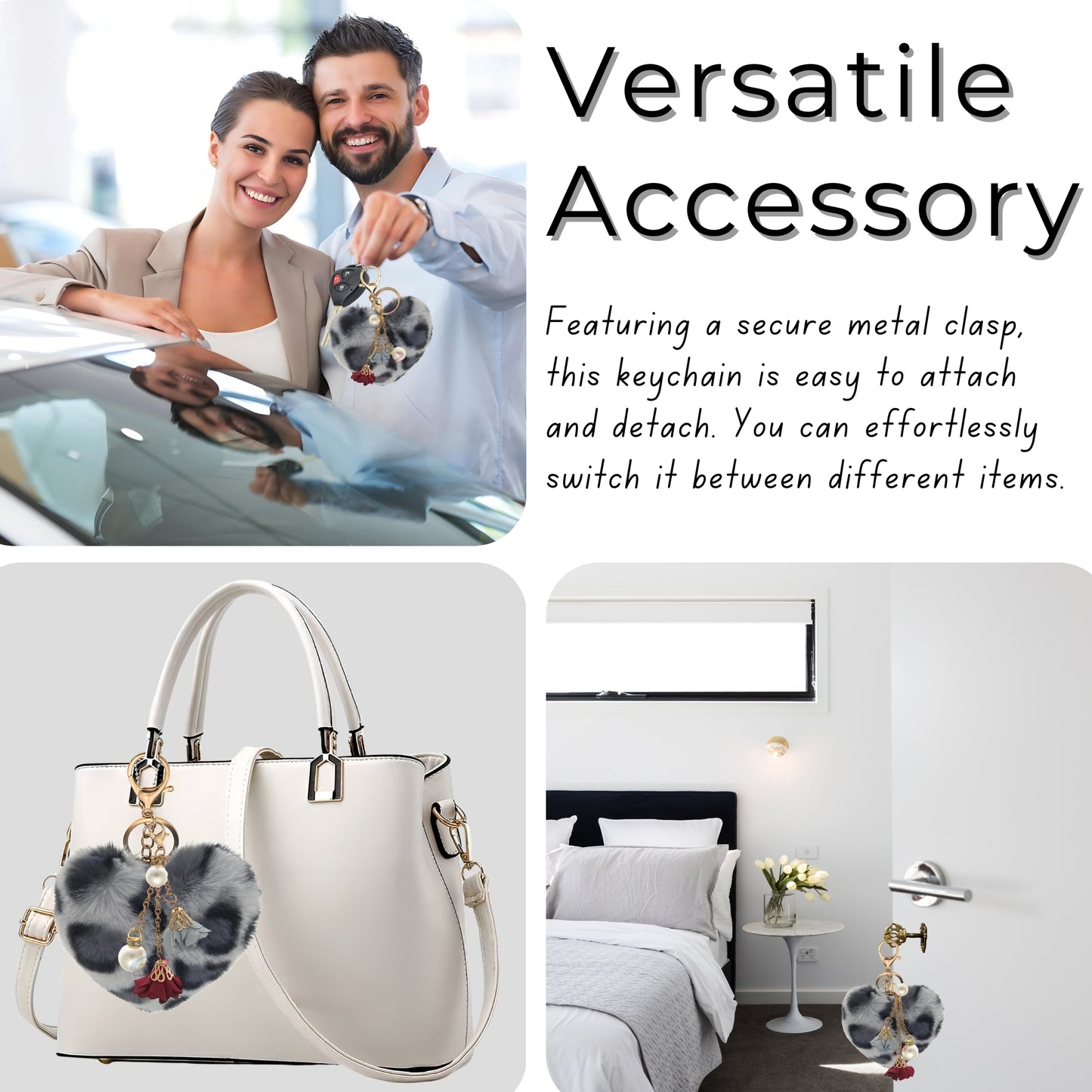 iAccessories Fluffy Faux Fur Pearl Roses Pom Pom Heart Keychain Charm for Girls Bags, Cars, Bikes, Scooty, Home Keys - Grey Lepo - iAccessories