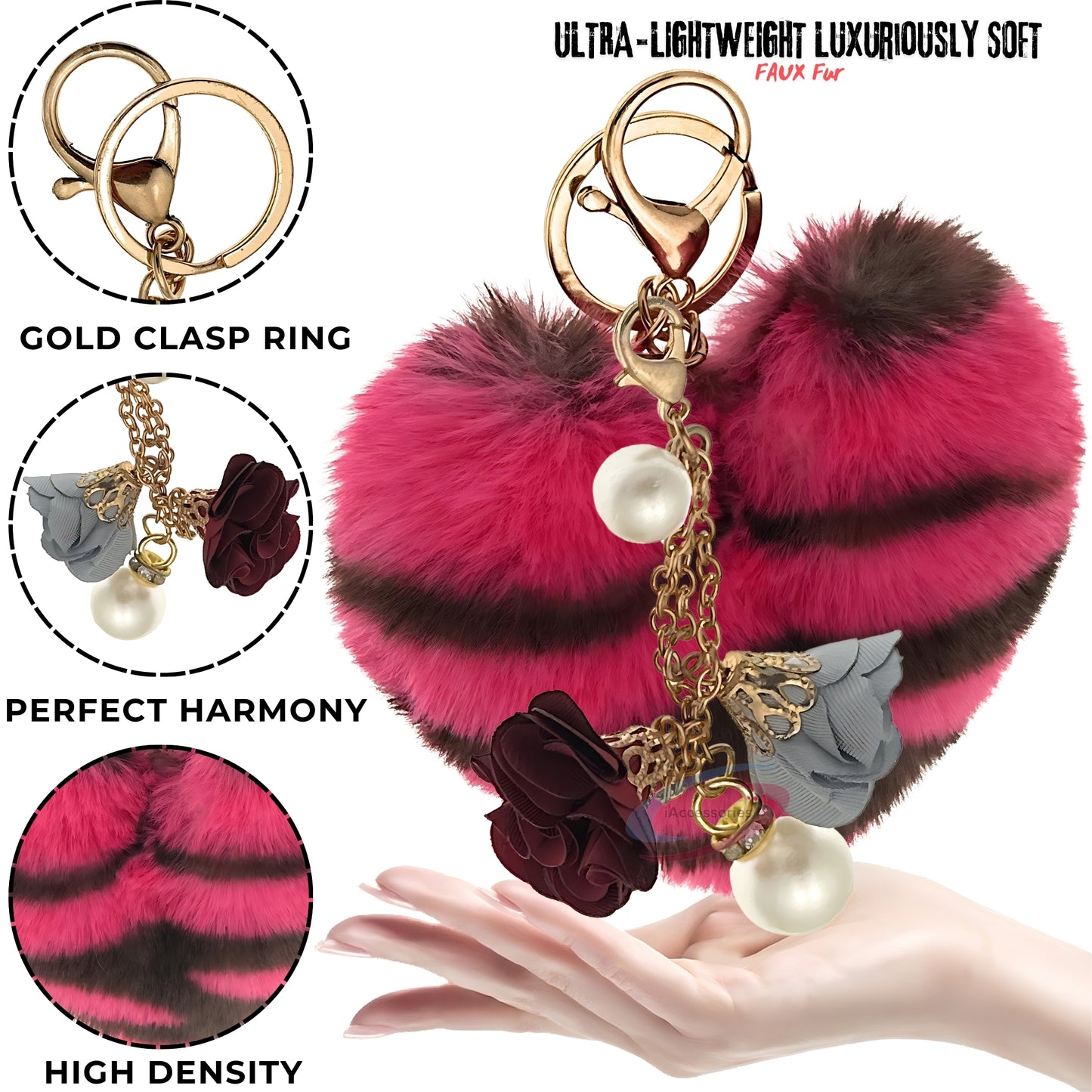 iAccessories Fluffy Faux Fur Pearl Roses Pom Pom Heart Keychain Charm for Girls Bags, Cars, Bikes, Scooty, Home Keys - Hot Pink Lepo - iAccessories