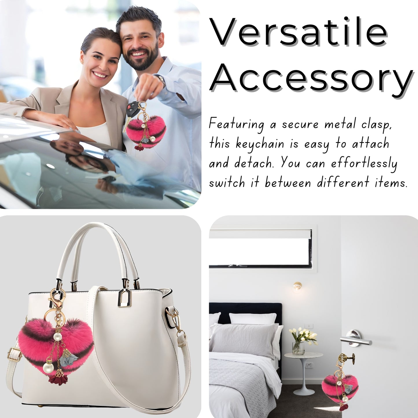 iAccessories Fluffy Faux Fur Pearl Roses Pom Pom Heart Keychain Charm for Girls Bags, Cars, Bikes, Scooty, Home Keys - Hot Pink Lepo - iAccessories