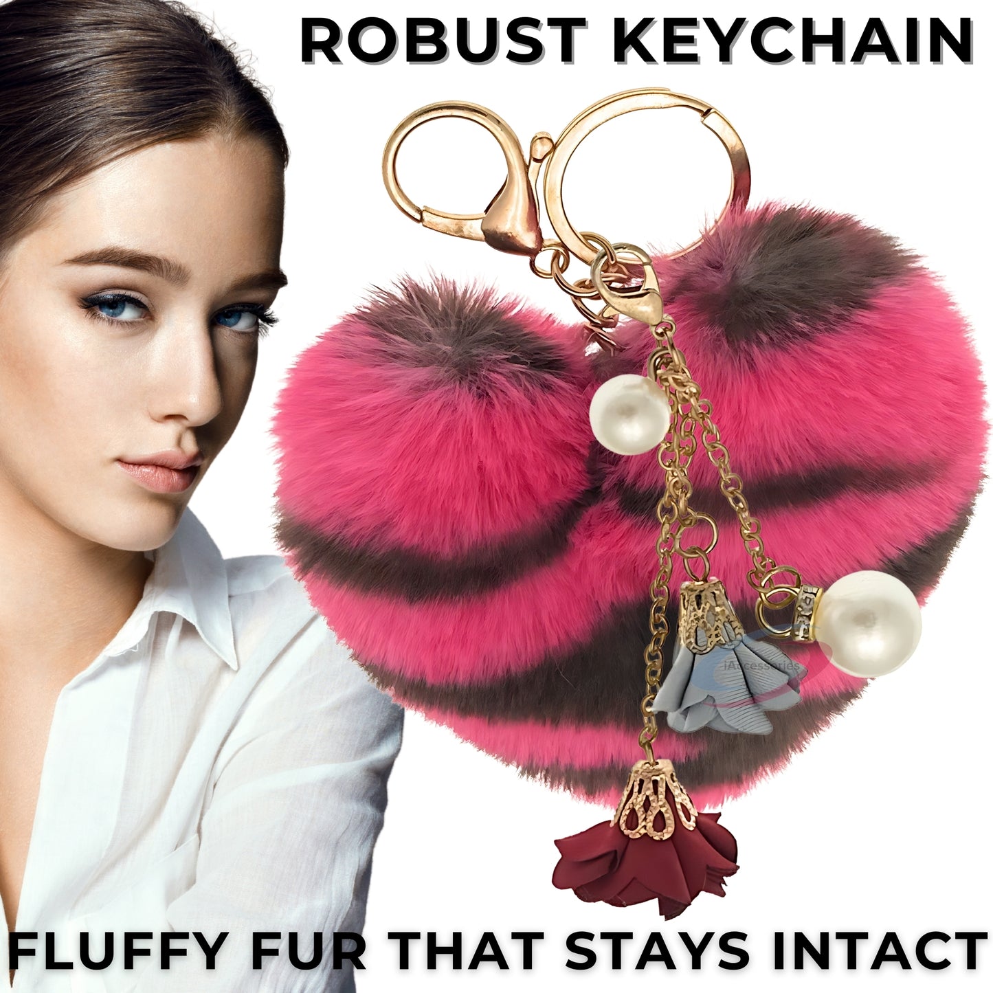 iAccessories Fluffy Faux Fur Pearl Roses Pom Pom Heart Keychain Charm for Girls Bags, Cars, Bikes, Scooty, Home Keys - Hot Pink Lepo - iAccessories