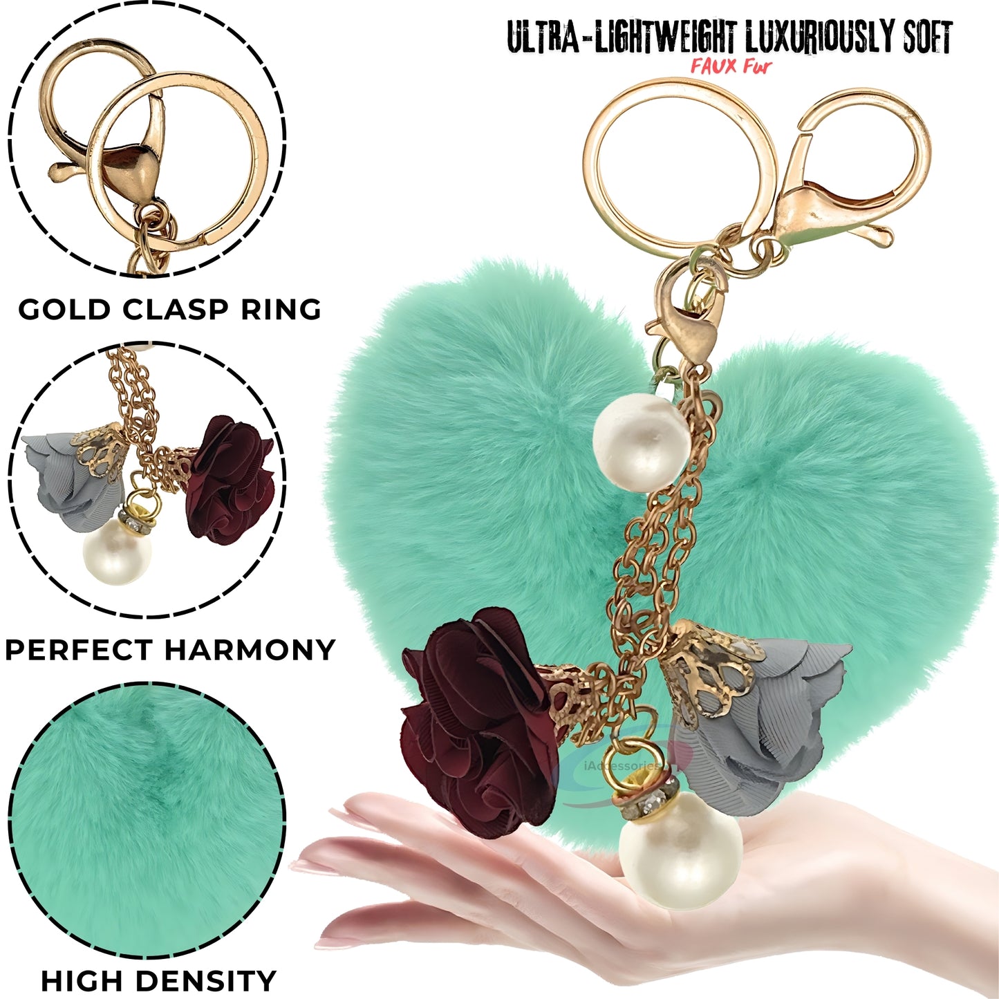iAccessories Fluffy Faux Fur Pearl Roses Pom Pom Heart Keychain Charm for Girls Bags, Cars, Bikes, Scooty, Home Keys - Mint Green - iAccessories