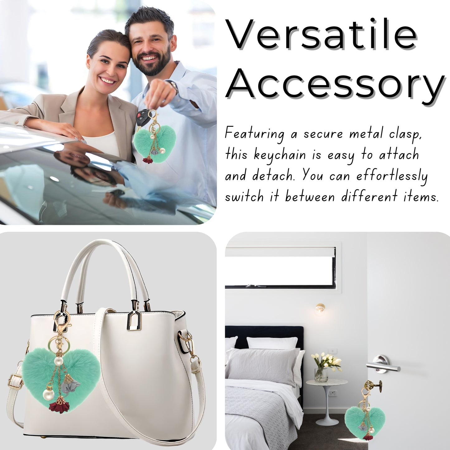 iAccessories Fluffy Faux Fur Pearl Roses Pom Pom Heart Keychain Charm for Girls Bags, Cars, Bikes, Scooty, Home Keys - Mint Green - iAccessories