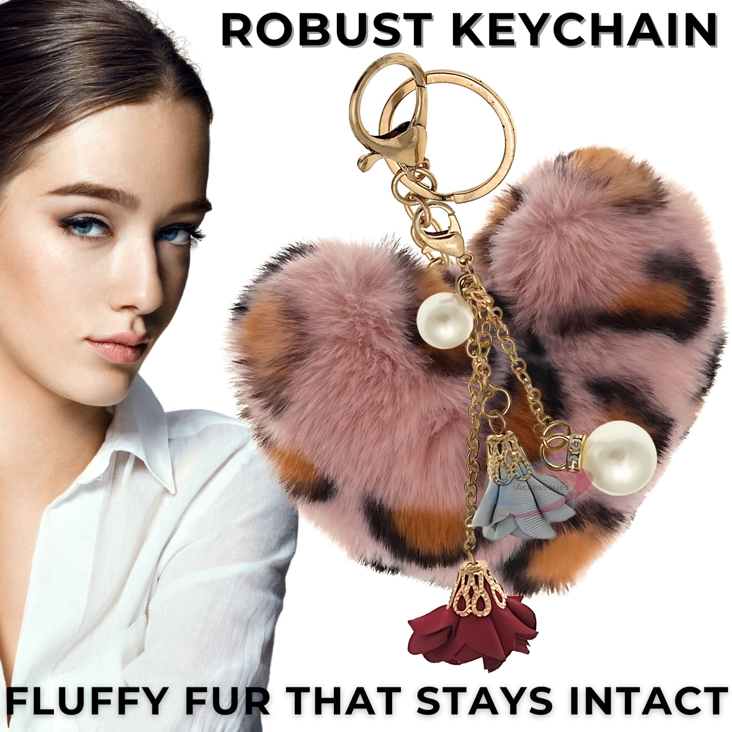 iAccessories Fluffy Faux Fur Pearl Roses Pom Pom Heart Keychain Charm for Girls Bags, Cars, Bikes, Scooty, Home Keys - Pink Lepo - iAccessories