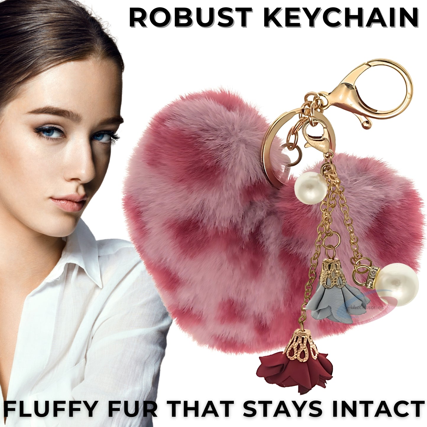 iAccessories Fluffy Faux Fur Pearl Roses Pom Pom Heart Keychain Charm for Girls Bags, Cars, Bikes, Scooty, Home Keys - Rose Lepo - iAccessories