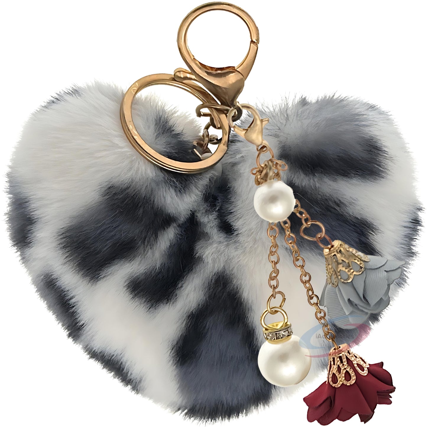 iAccessories Fluffy Faux Fur Pearl Roses Pom Pom Heart Keychain Charm for Girls Bags, Cars, Bikes, Scooty, Home Keys - White Black Lepo - iAccessories