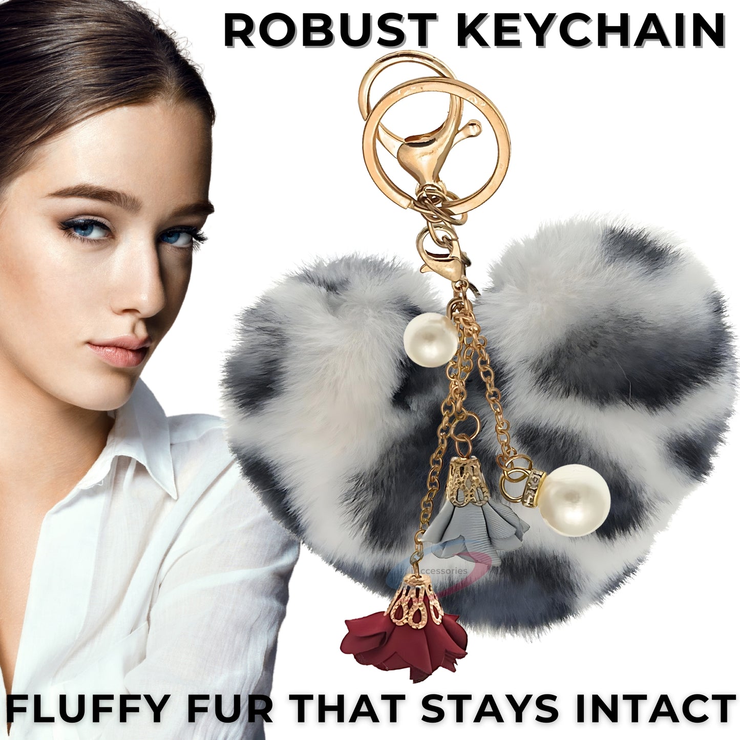 iAccessories Fluffy Faux Fur Pearl Roses Pom Pom Heart Keychain Charm for Girls Bags, Cars, Bikes, Scooty, Home Keys - White Black Lepo - iAccessories