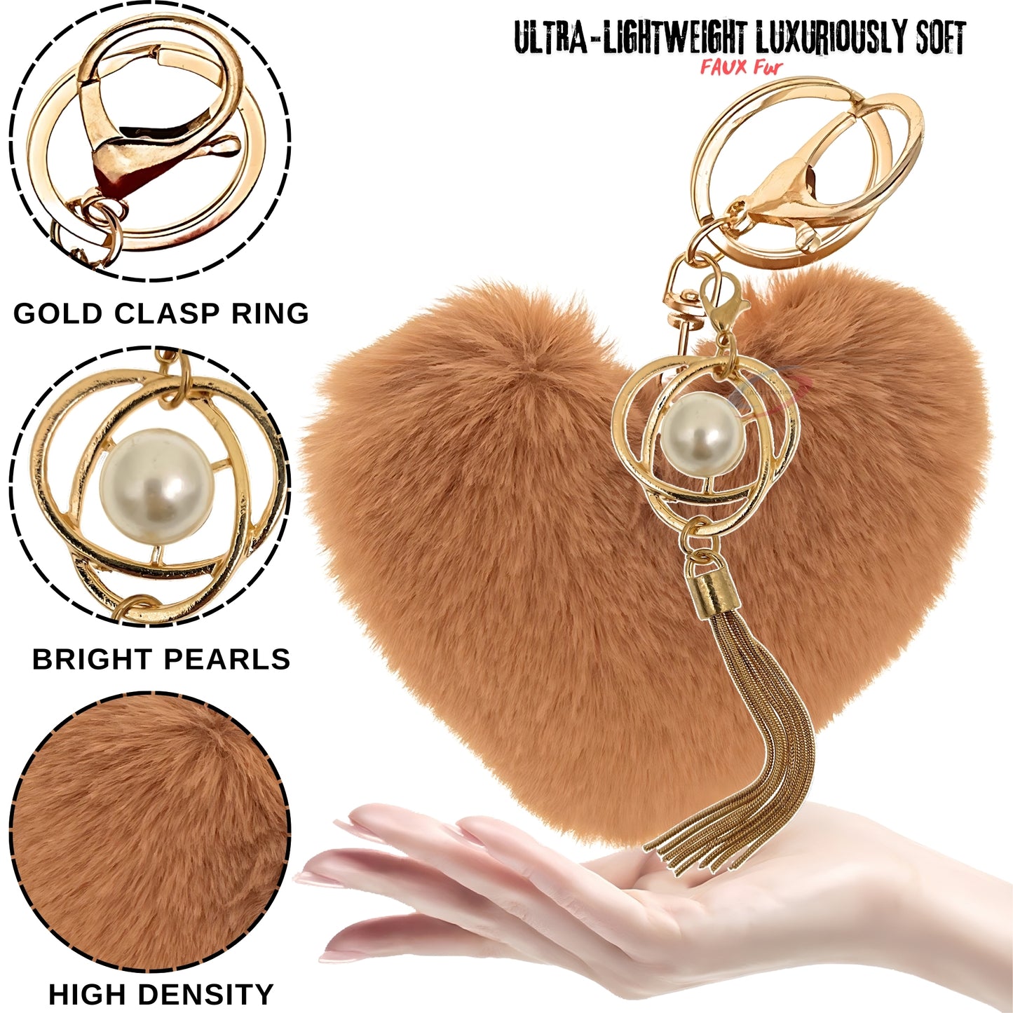 iAccessories Fluffy Soft Faux Fur Pompom Heart Keychain - Fashionable Pearl Tassel Pendant Charm for Girls | Perfect for Bags, Purses, Wallets, Cars, Bikes, Scooty, Home Keys - Brown - iAccessories
