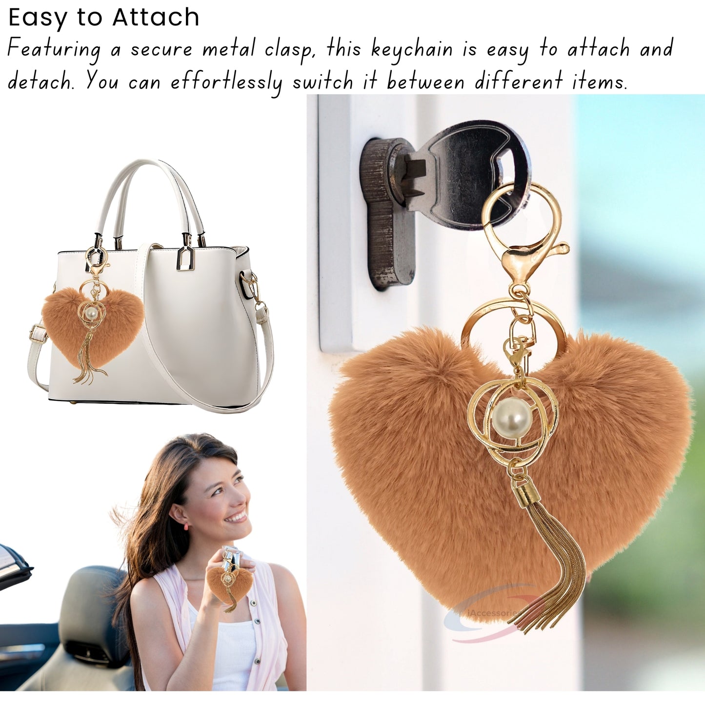 iAccessories Fluffy Soft Faux Fur Pompom Heart Keychain - Fashionable Pearl Tassel Pendant Charm for Girls | Perfect for Bags, Purses, Wallets, Cars, Bikes, Scooty, Home Keys - Brown - iAccessories