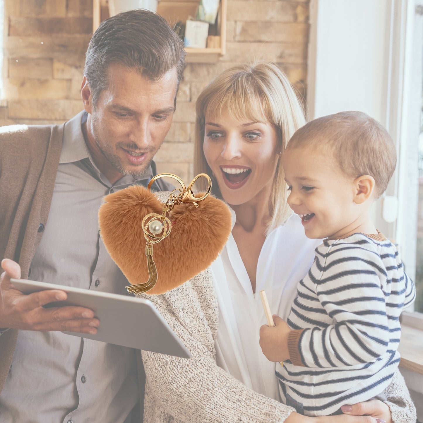iAccessories Fluffy Soft Faux Fur Pompom Heart Keychain - Fashionable Pearl Tassel Pendant Charm for Girls | Perfect for Bags, Purses, Wallets, Cars, Bikes, Scooty, Home Keys - Brown - iAccessories