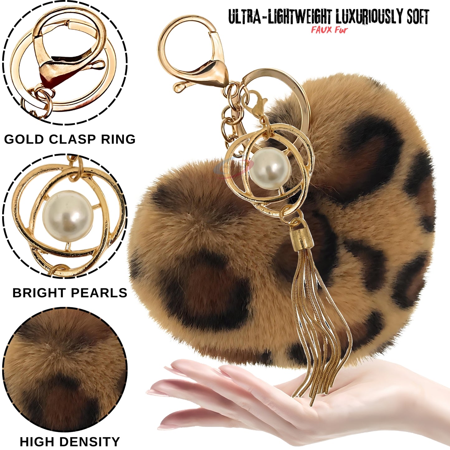 iAccessories Fluffy Soft Faux Fur Pompom Heart Keychain - Fashionable Pearl Tassel Pendant Charm for Girls | Perfect for Bags, Purses, Wallets, Cars, Bikes, Scooty, Home Keys - Brown Lepo - iAccessories