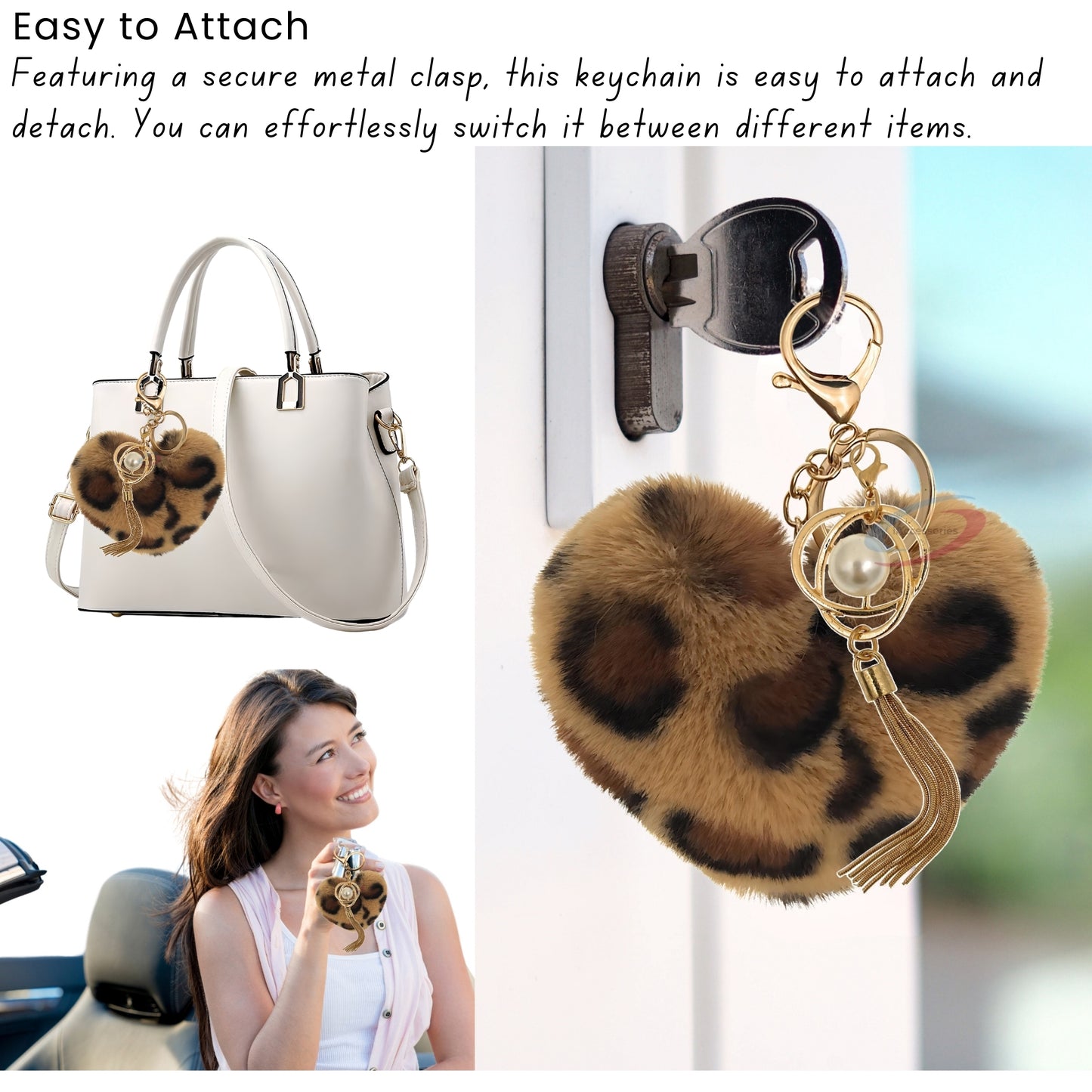 iAccessories Fluffy Soft Faux Fur Pompom Heart Keychain - Fashionable Pearl Tassel Pendant Charm for Girls | Perfect for Bags, Purses, Wallets, Cars, Bikes, Scooty, Home Keys - Brown Lepo - iAccessories