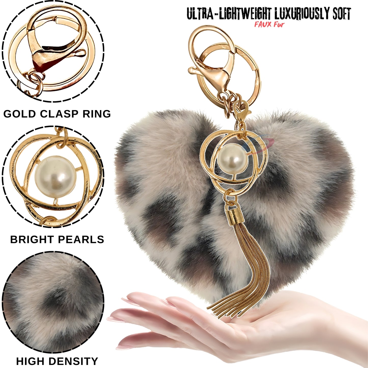 iAccessories Fluffy Soft Faux Fur Pompom Heart Keychain - Fashionable Pearl Tassel Pendant Charm for Girls | Perfect for Bags, Purses, Wallets, Cars, Bikes, Scooty, Home Keys - Cream Lepo - iAccessories