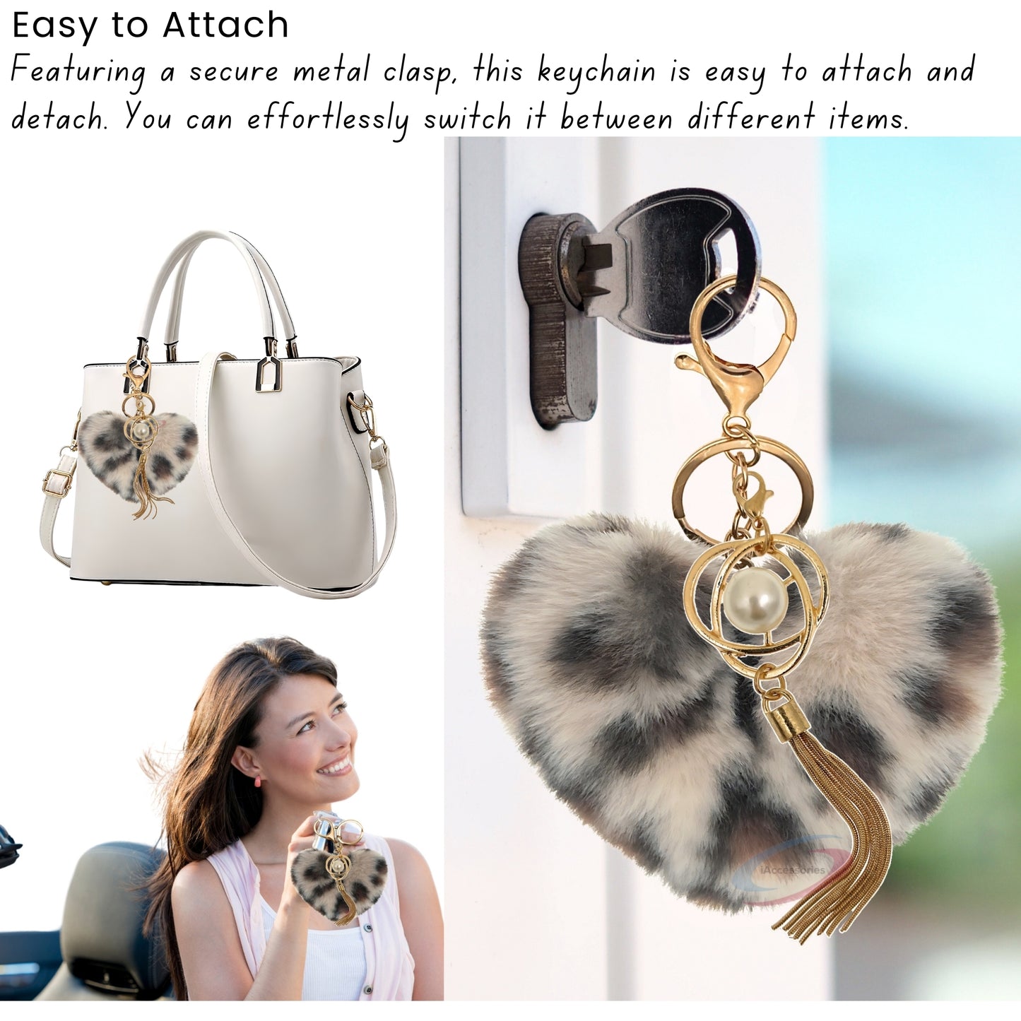iAccessories Fluffy Soft Faux Fur Pompom Heart Keychain - Fashionable Pearl Tassel Pendant Charm for Girls | Perfect for Bags, Purses, Wallets, Cars, Bikes, Scooty, Home Keys - Cream Lepo - iAccessories