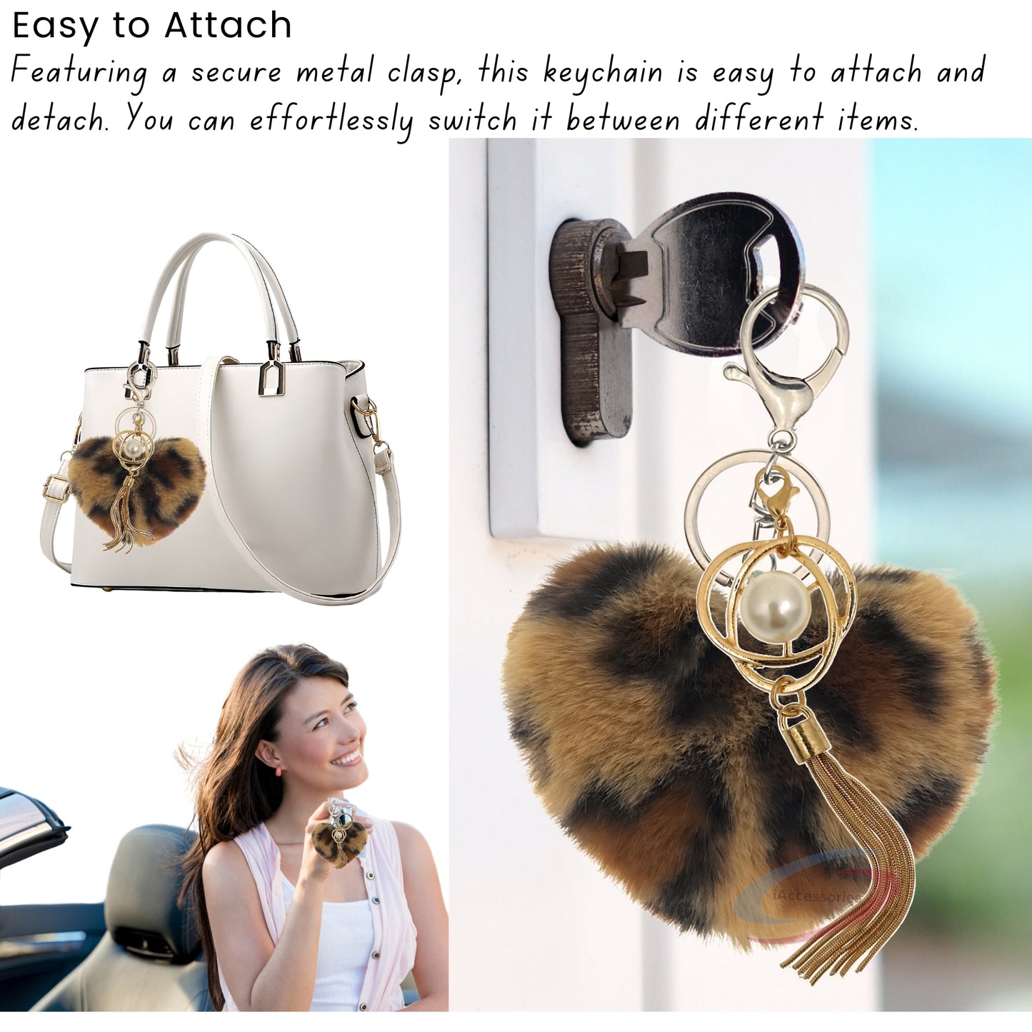 iAccessories Fluffy Soft Faux Fur Pompom Heart Keychain - Fashionable Pearl Tassel Pendant Charm for Girls | Perfect for Bags, Purses, Wallets, Cars, Bikes, Scooty, Home Keys - Dark Brown Lepo - iAccessories