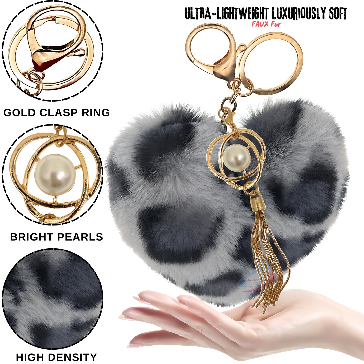 iAccessories Fluffy Soft Faux Fur Pompom Heart Keychain - Fashionable Pearl Tassel Pendant Charm for Girls | Perfect for Bags, Purses, Wallets, Cars, Bikes, Scooty, Home Keys - Grey Lepo - iAccessories