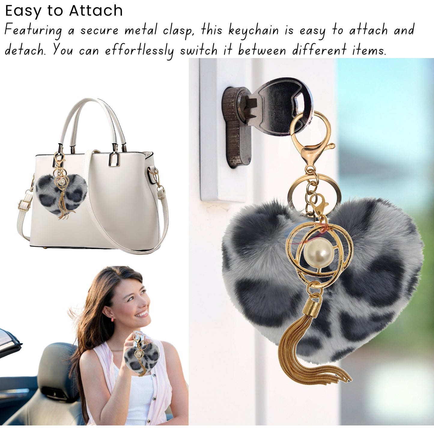 iAccessories Fluffy Soft Faux Fur Pompom Heart Keychain - Fashionable Pearl Tassel Pendant Charm for Girls | Perfect for Bags, Purses, Wallets, Cars, Bikes, Scooty, Home Keys - Grey Lepo - iAccessories