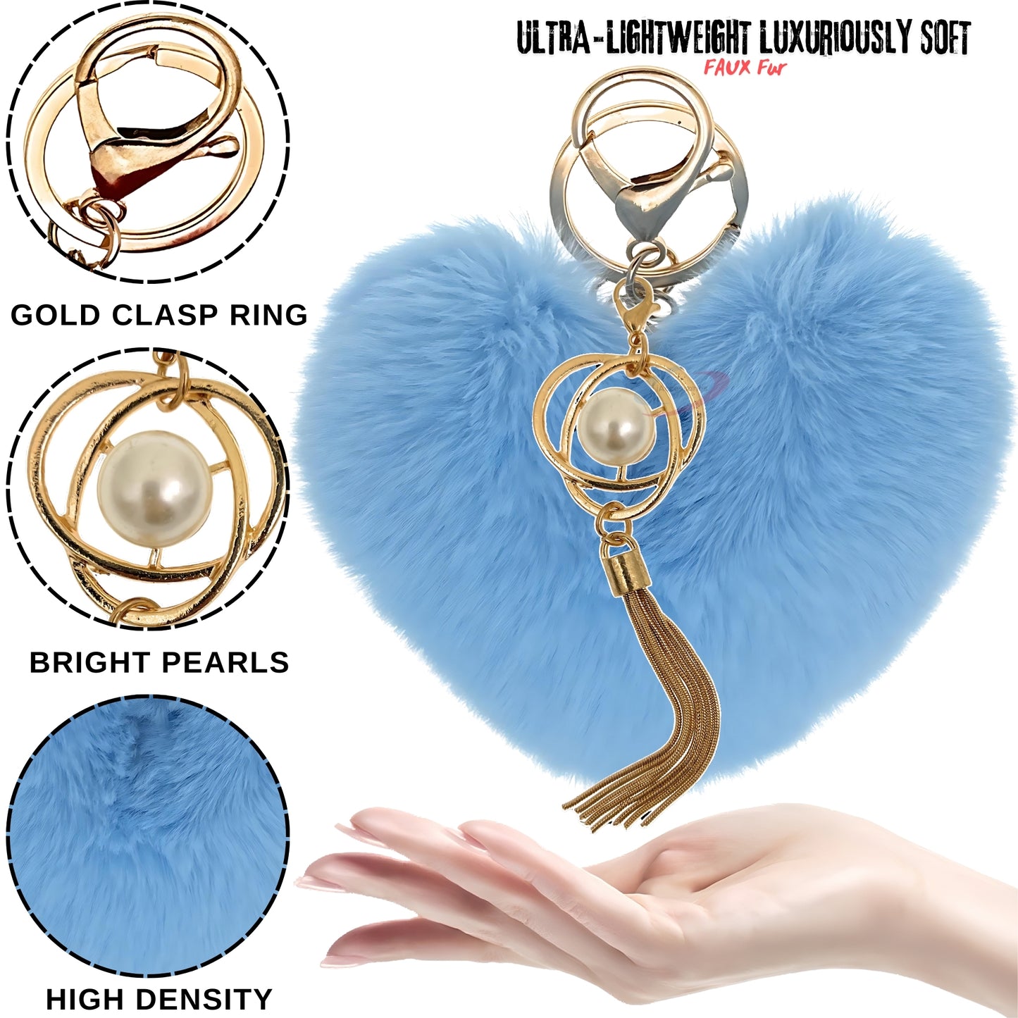 iAccessories Fluffy Soft Faux Fur Pompom Heart Keychain - Fashionable Pearl Tassel Pendant Charm for Girls | Perfect for Bags, Purses, Wallets, Cars, Bikes, Scooty, Home Keys - Light Blue - iAccessories