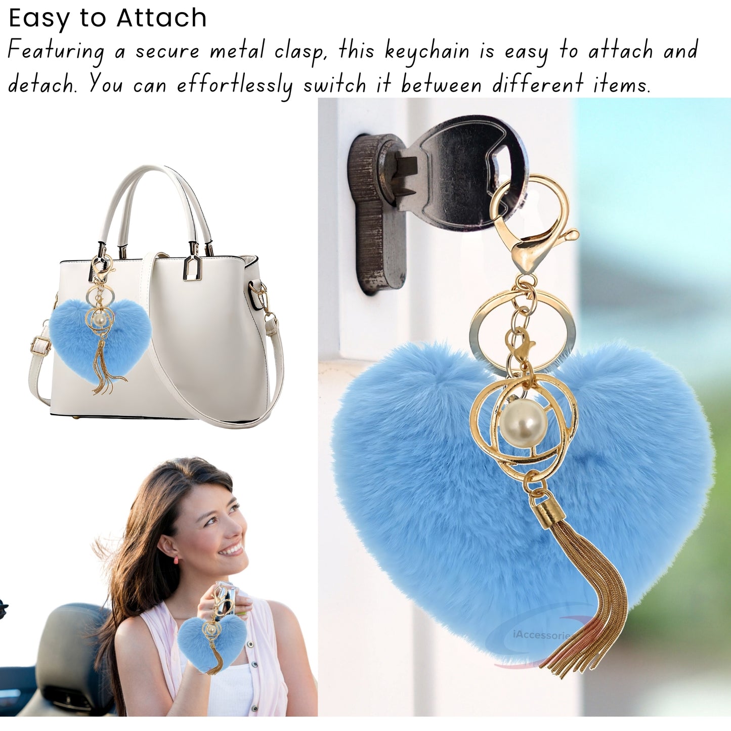 iAccessories Fluffy Soft Faux Fur Pompom Heart Keychain - Fashionable Pearl Tassel Pendant Charm for Girls | Perfect for Bags, Purses, Wallets, Cars, Bikes, Scooty, Home Keys - Light Blue - iAccessories