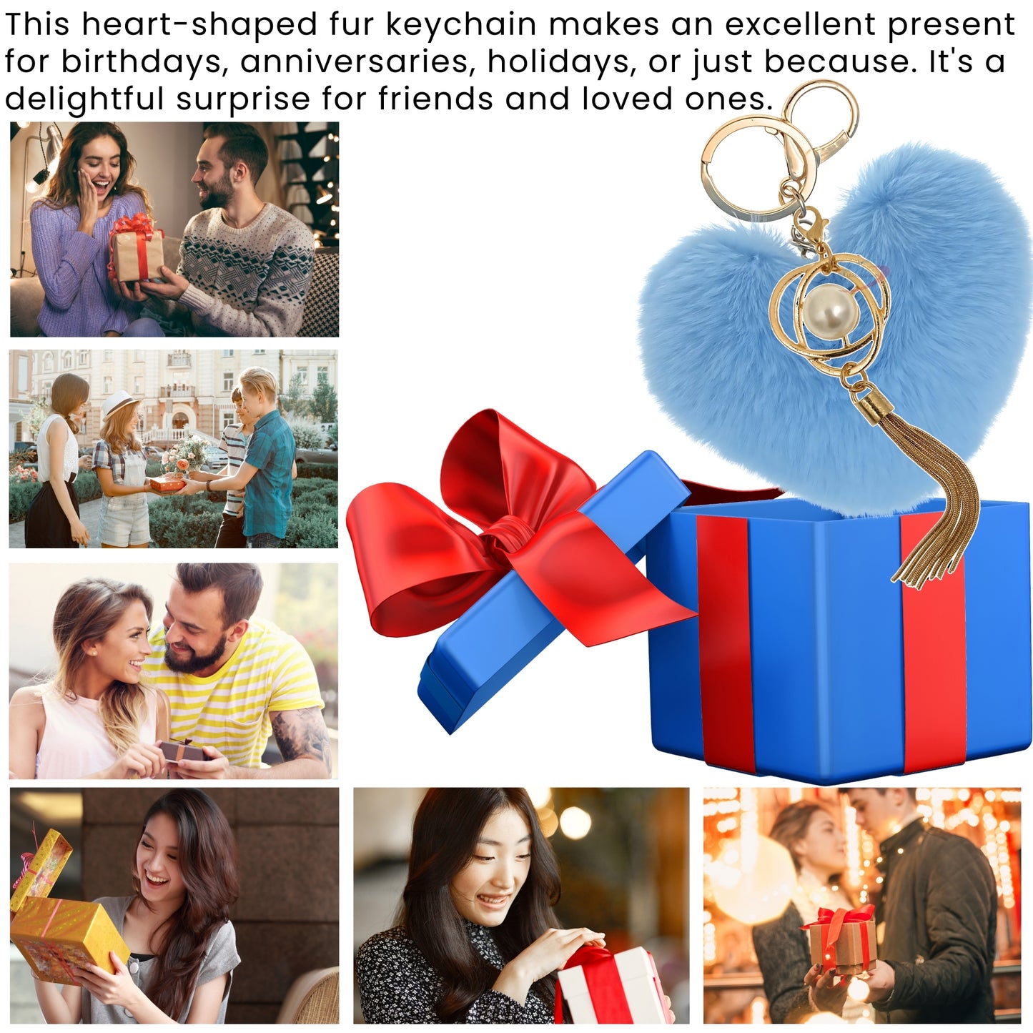 iAccessories Fluffy Soft Faux Fur Pompom Heart Keychain - Fashionable Pearl Tassel Pendant Charm for Girls | Perfect for Bags, Purses, Wallets, Cars, Bikes, Scooty, Home Keys - Light Blue - iAccessories