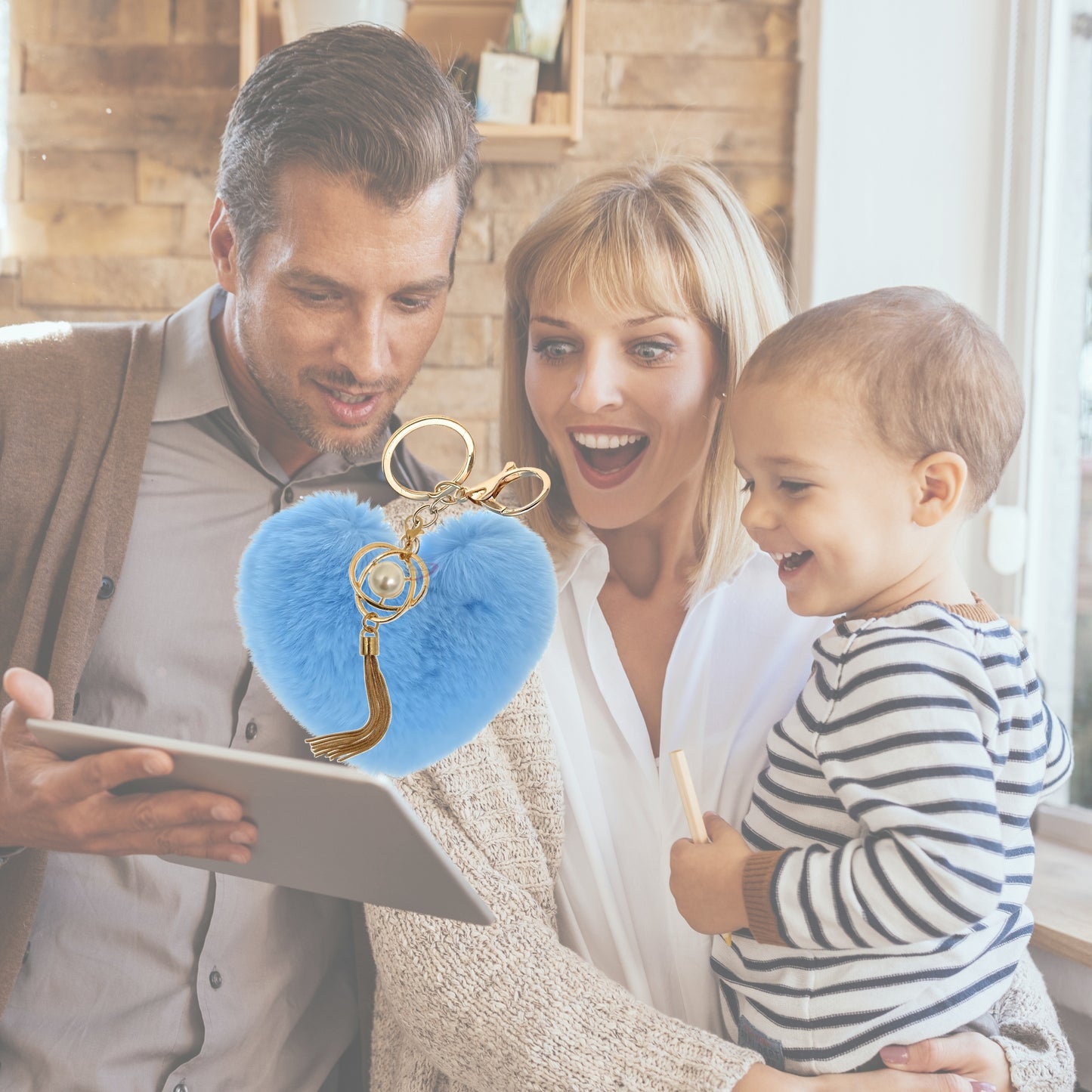 iAccessories Fluffy Soft Faux Fur Pompom Heart Keychain - Fashionable Pearl Tassel Pendant Charm for Girls | Perfect for Bags, Purses, Wallets, Cars, Bikes, Scooty, Home Keys - Light Blue - iAccessories