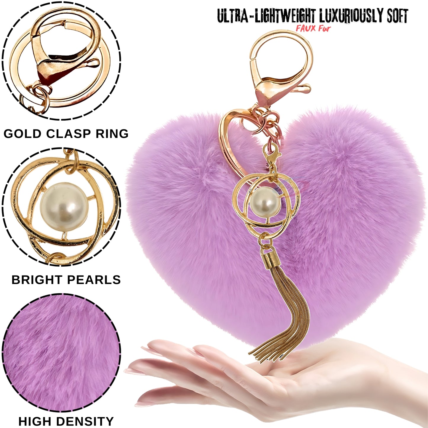 iAccessories Fluffy Soft Faux Fur Pompom Heart Keychain - Fashionable Pearl Tassel Pendant Charm for Girls | Perfect for Bags, Purses, Wallets, Cars, Bikes, Scooty, Home Keys - Light Purple - iAccessories