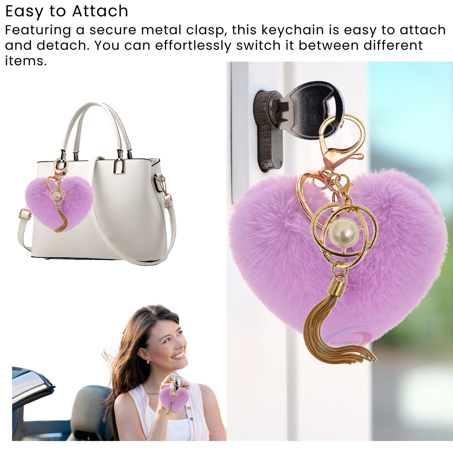 iAccessories Fluffy Soft Faux Fur Pompom Heart Keychain - Fashionable Pearl Tassel Pendant Charm for Girls | Perfect for Bags, Purses, Wallets, Cars, Bikes, Scooty, Home Keys - Light Purple - iAccessories