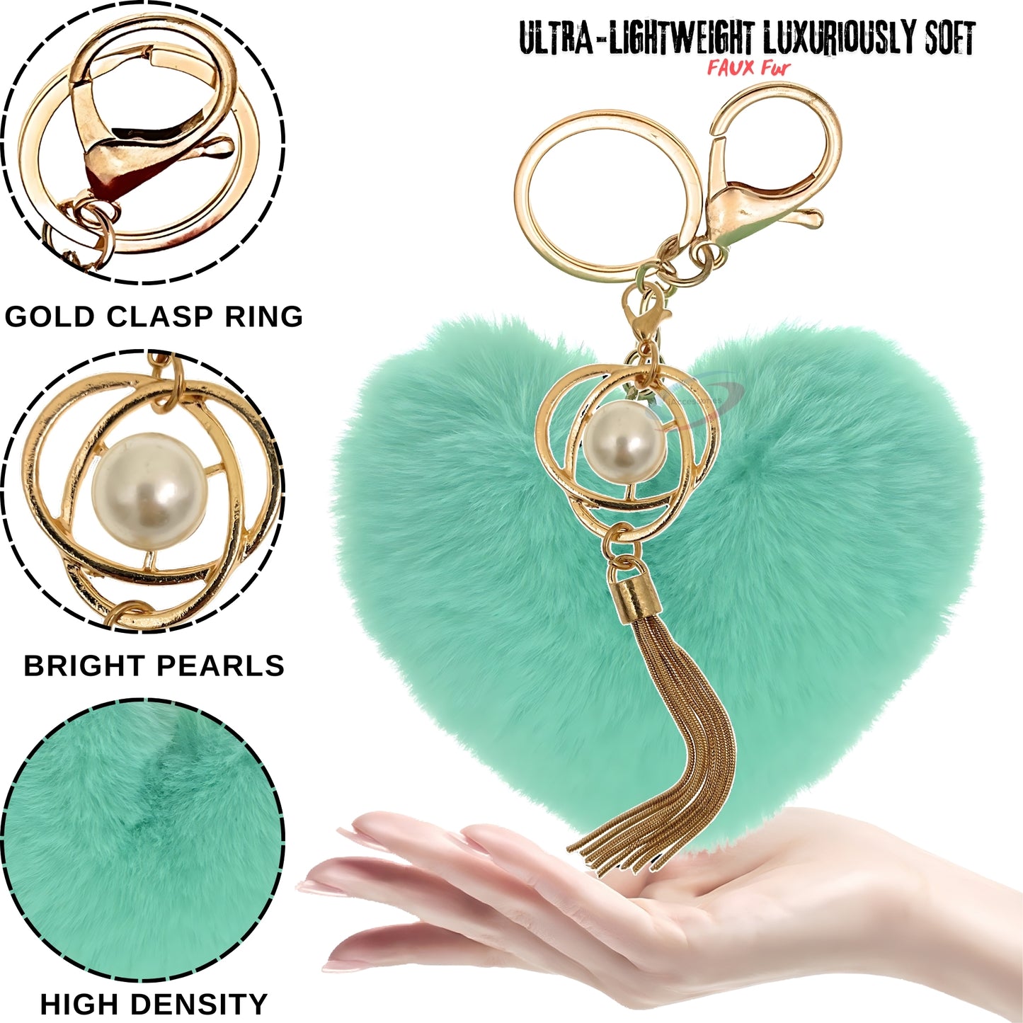iAccessories Fluffy Soft Faux Fur Pompom Heart Keychain - Fashionable Pearl Tassel Pendant Charm for Girls | Perfect for Bags, Purses, Wallets, Cars, Bikes, Scooty, Home Keys - Mint Green - iAccessories