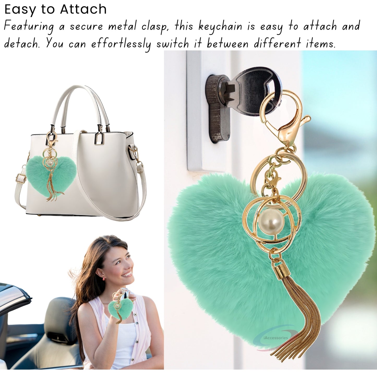iAccessories Fluffy Soft Faux Fur Pompom Heart Keychain - Fashionable Pearl Tassel Pendant Charm for Girls | Perfect for Bags, Purses, Wallets, Cars, Bikes, Scooty, Home Keys - Mint Green - iAccessories