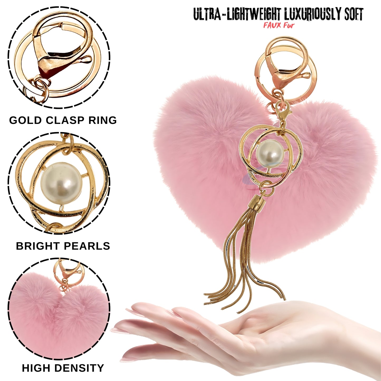 iAccessories Fluffy Soft Faux Fur Pompom Heart Keychain - Fashionable Pearl Tassel Pendant Charm for Girls | Perfect for Bags, Purses, Wallets, Cars, Bikes, Scooty, Home Keys - Pink - iAccessories