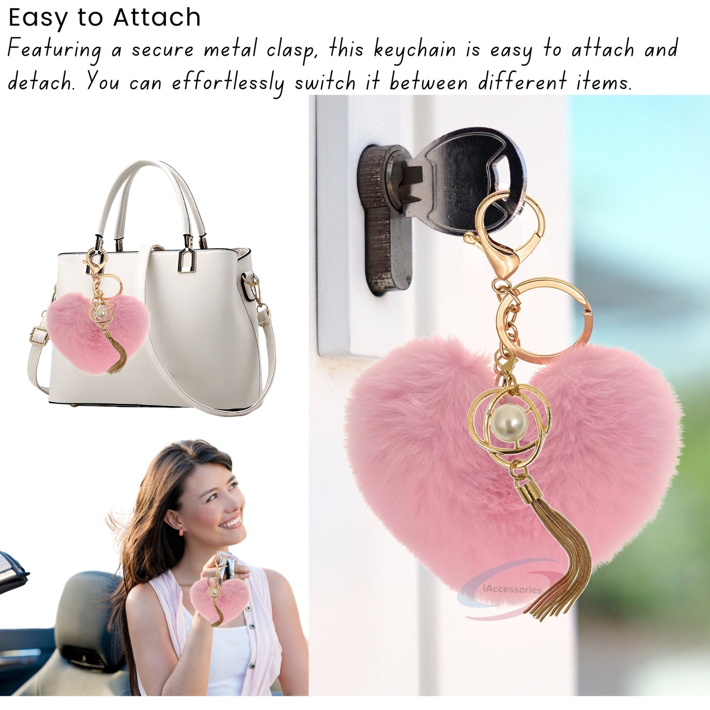 iAccessories Fluffy Soft Faux Fur Pompom Heart Keychain - Fashionable Pearl Tassel Pendant Charm for Girls | Perfect for Bags, Purses, Wallets, Cars, Bikes, Scooty, Home Keys - Pink - iAccessories