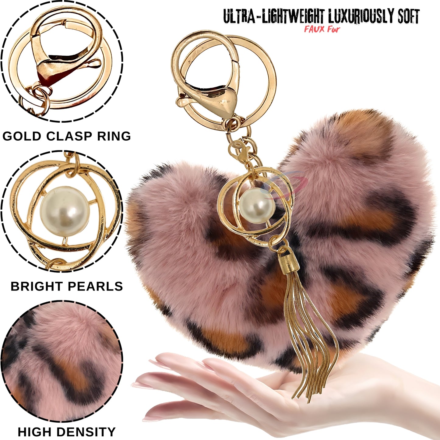 iAccessories Fluffy Soft Faux Fur Pompom Heart Keychain - Fashionable Pearl Tassel Pendant Charm for Girls | Perfect for Bags, Purses, Wallets, Cars, Bikes, Scooty, Home Keys - Pink Lepo - iAccessories