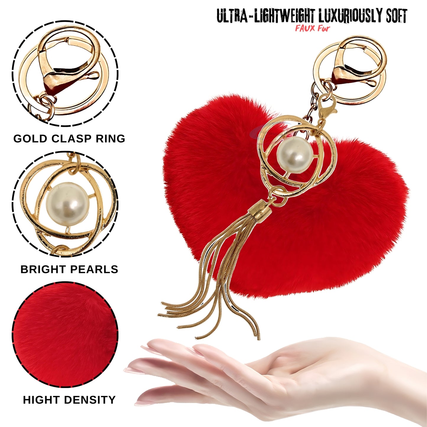 iAccessories Fluffy Soft Faux Fur Pompom Heart Keychain - Fashionable Pearl Tassel Pendant Charm for Girls | Perfect for Bags, Purses, Wallets, Cars, Bikes, Scooty, Home Keys - Red - iAccessories