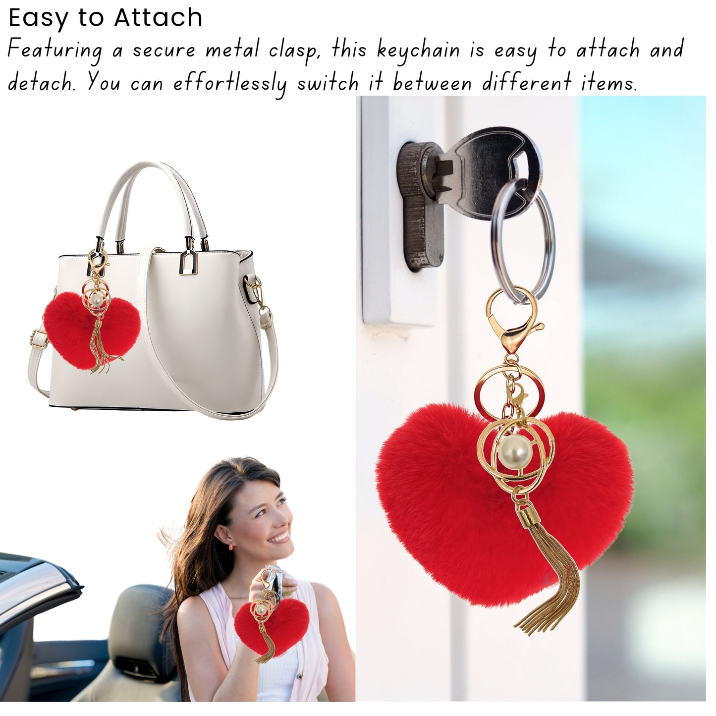 iAccessories Fluffy Soft Faux Fur Pompom Heart Keychain - Fashionable Pearl Tassel Pendant Charm for Girls | Perfect for Bags, Purses, Wallets, Cars, Bikes, Scooty, Home Keys - Red - iAccessories