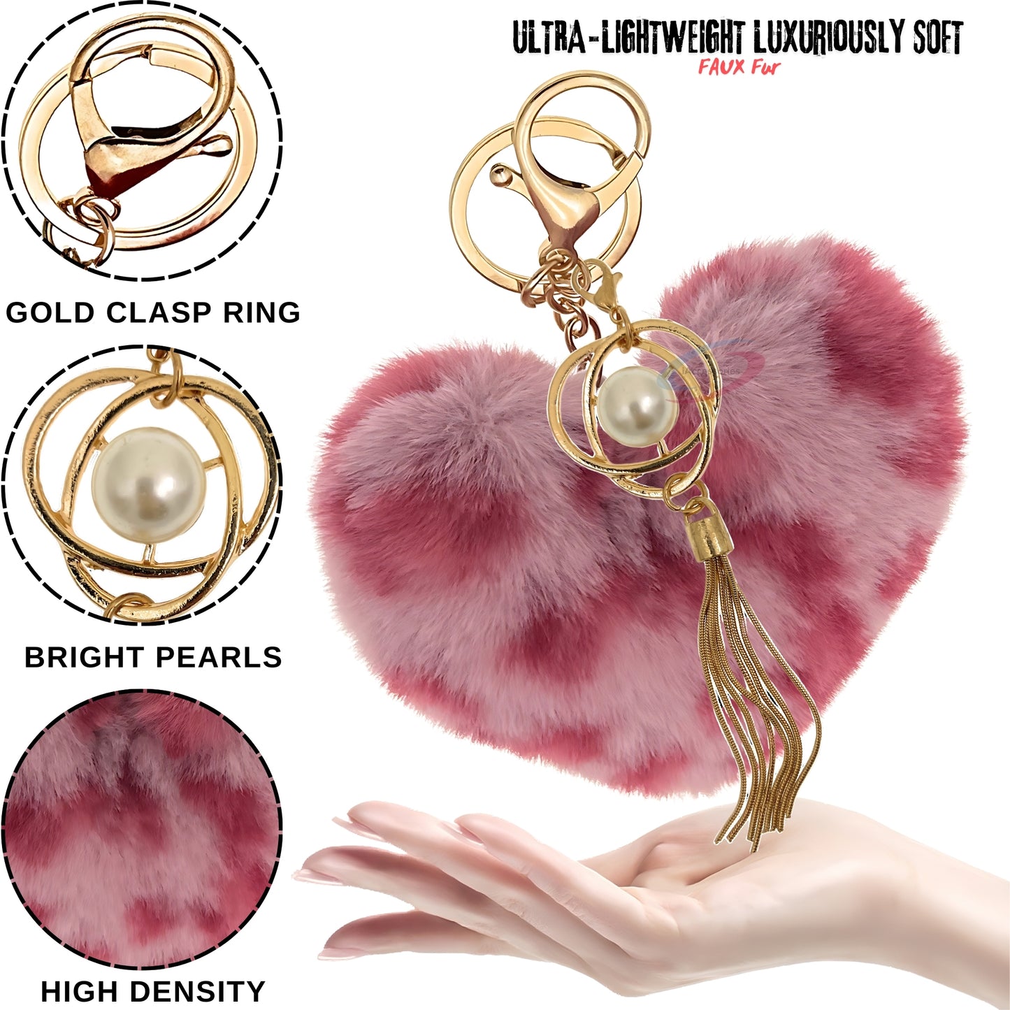 iAccessories Fluffy Soft Faux Fur Pompom Heart Keychain - Fashionable Pearl Tassel Pendant Charm for Girls | Perfect for Bags, Purses, Wallets, Cars, Bikes, Scooty, Home Keys - Rose Lepo - iAccessories